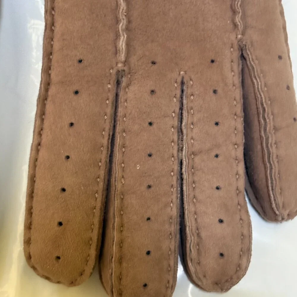 UGG Sz L Classic Perforated Genuine Shearling Warm Gloves Stormy Grey $155